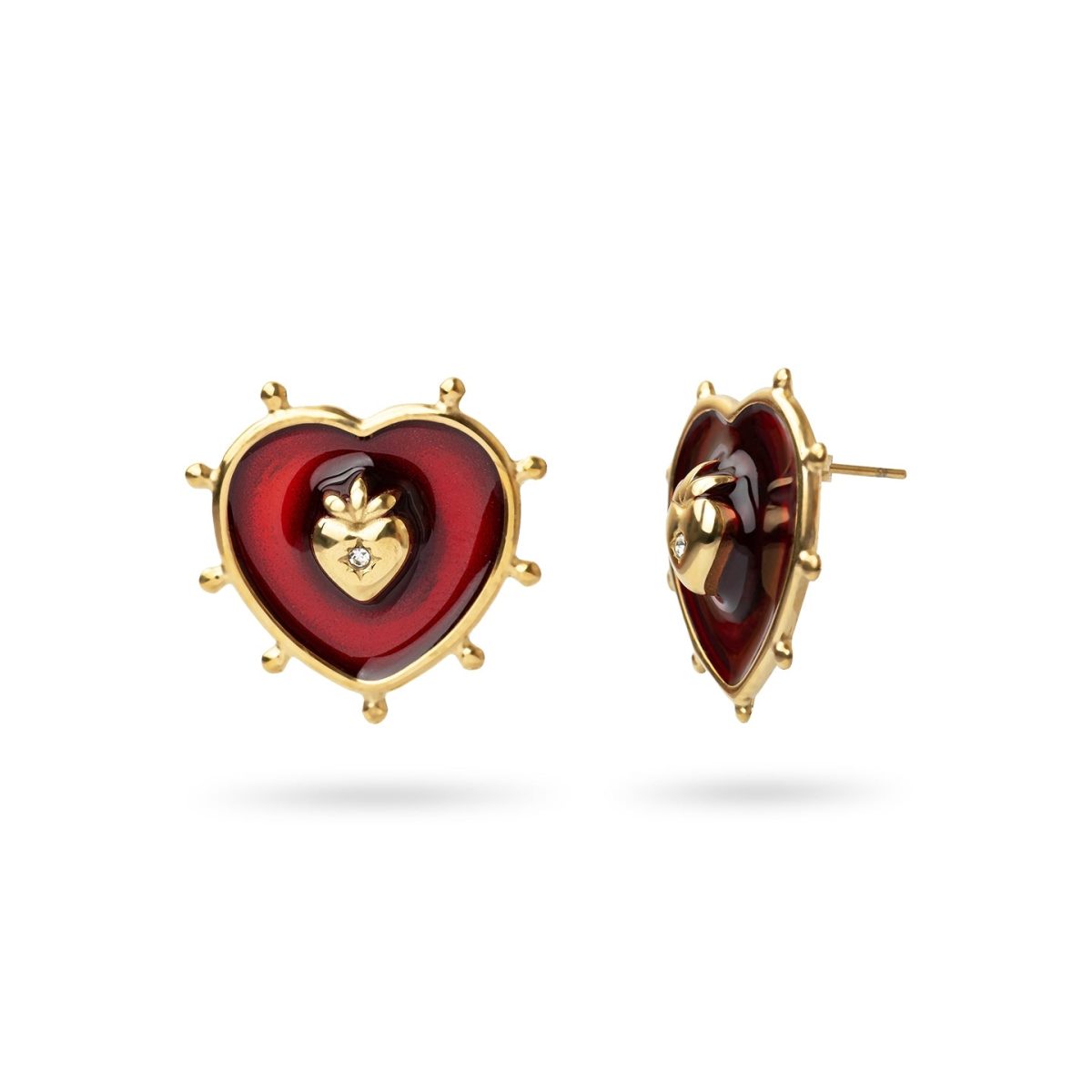Pendientes Botón Essentials Corazón Sagrado en Dorado, bisutería de acero de la colección Essentials — Tiendas Via Vai Estepona