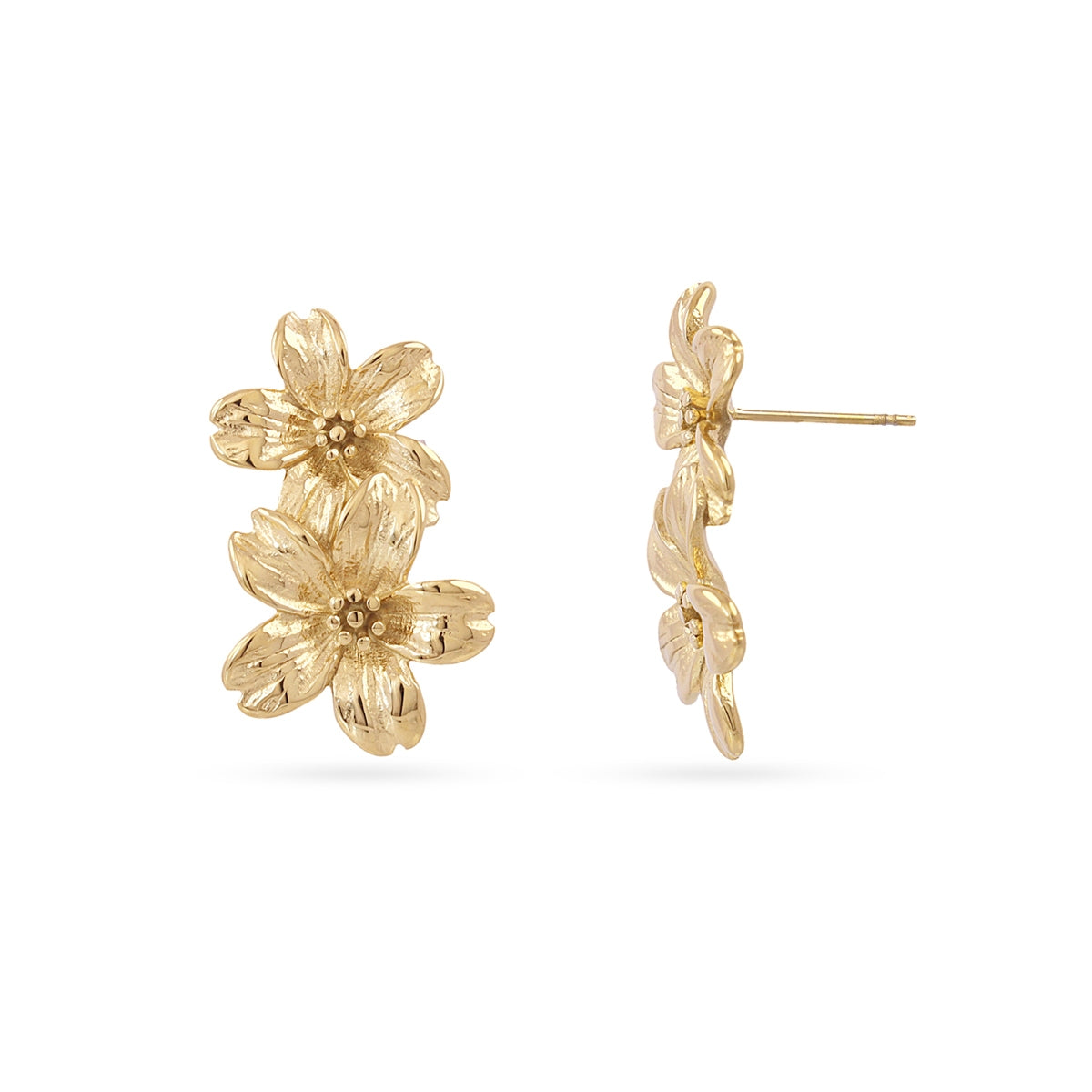 Pendientes Colgantes Doble Flor Textura en Dorado, bisutería de acero de la colección Essentials — Tiendas Via Vai Estepona