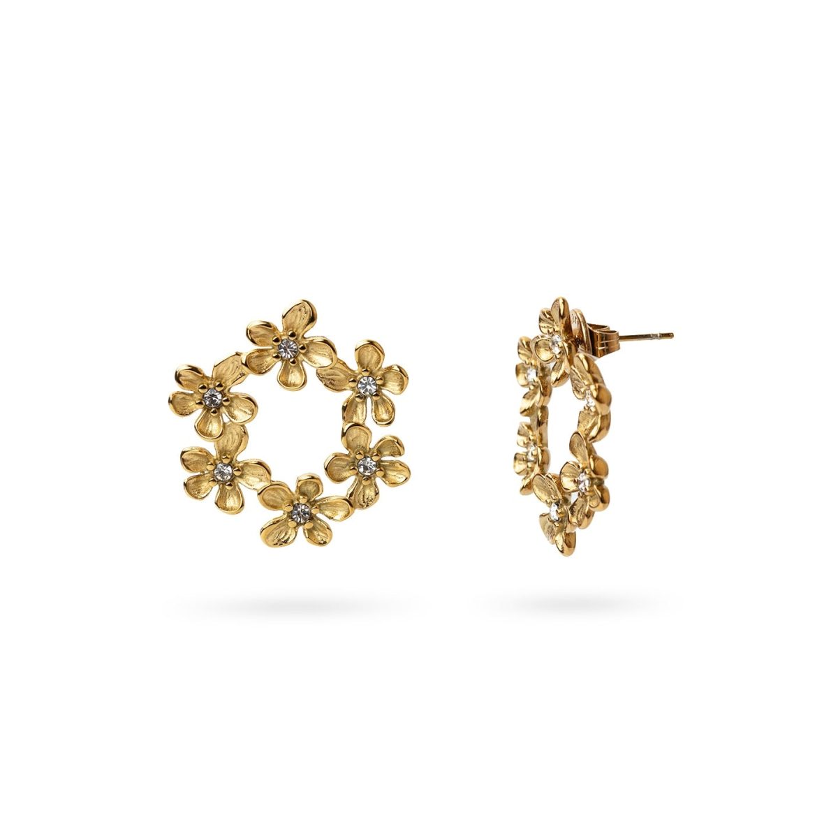 Pendientes Essentials Corona Flores en Dorado, bisutería de acero de la colección Essentials — Tiendas Via Vai Estepona