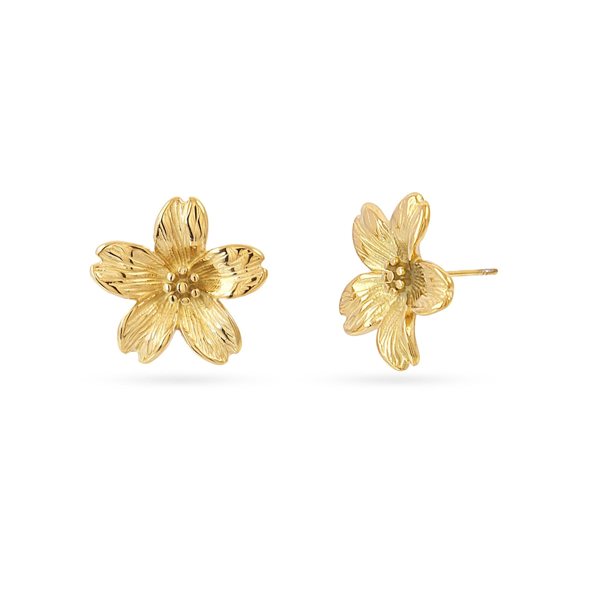 Pendientes Essentials Flor Relieve en Dorado, bisutería de acero de la colección Essentials — Tiendas Via Vai Estepona