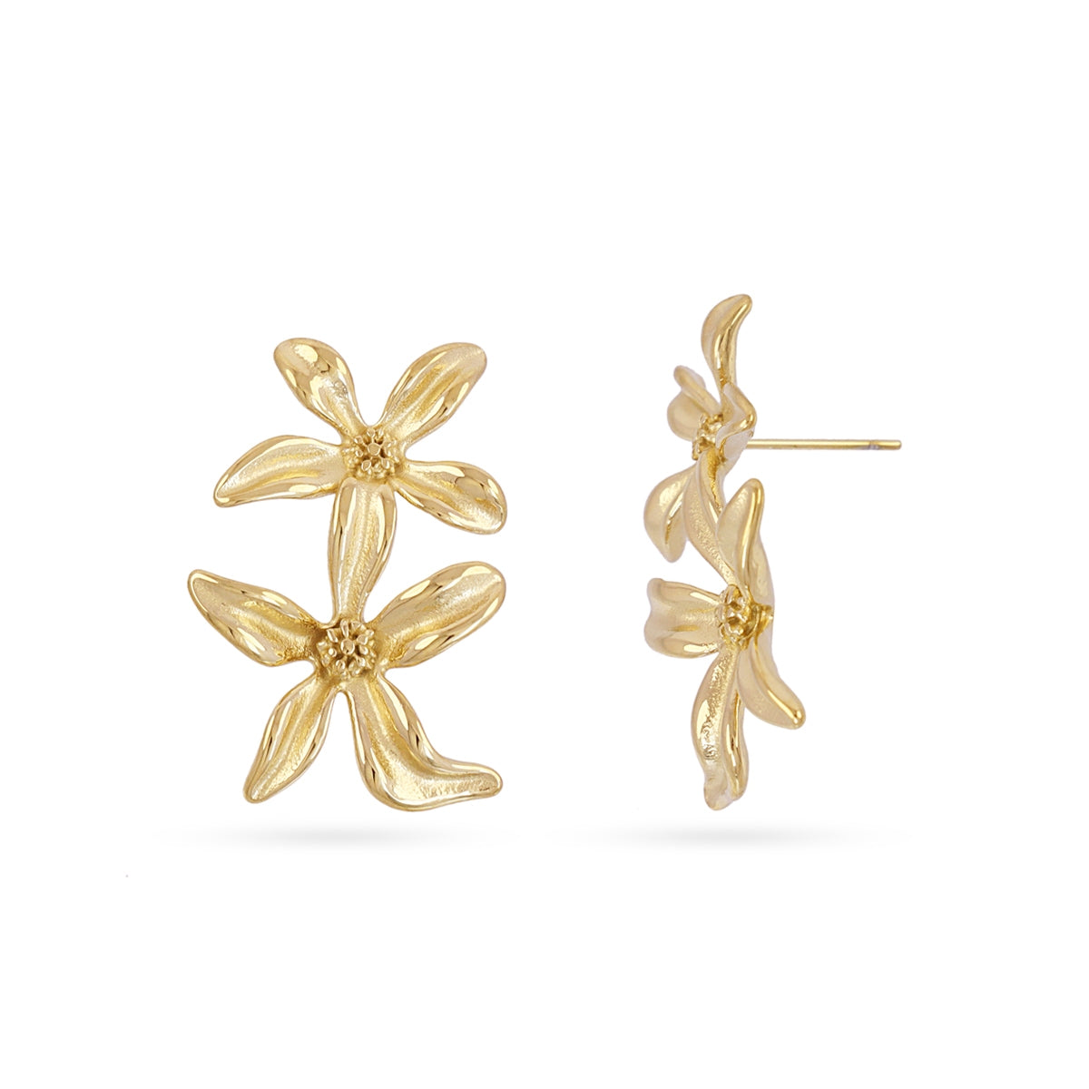Pendientes Largos Essentials Doble Flor en Dorado, bisutería de acero de la colección Essentials — Tiendas Via Vai Estepona