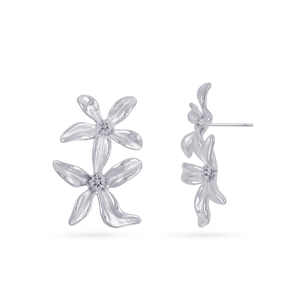 Pendientes Largos Essentials Doble Flor en Plateado, bisutería de acero de la colección Essentials — Tiendas Via Vai Estepona