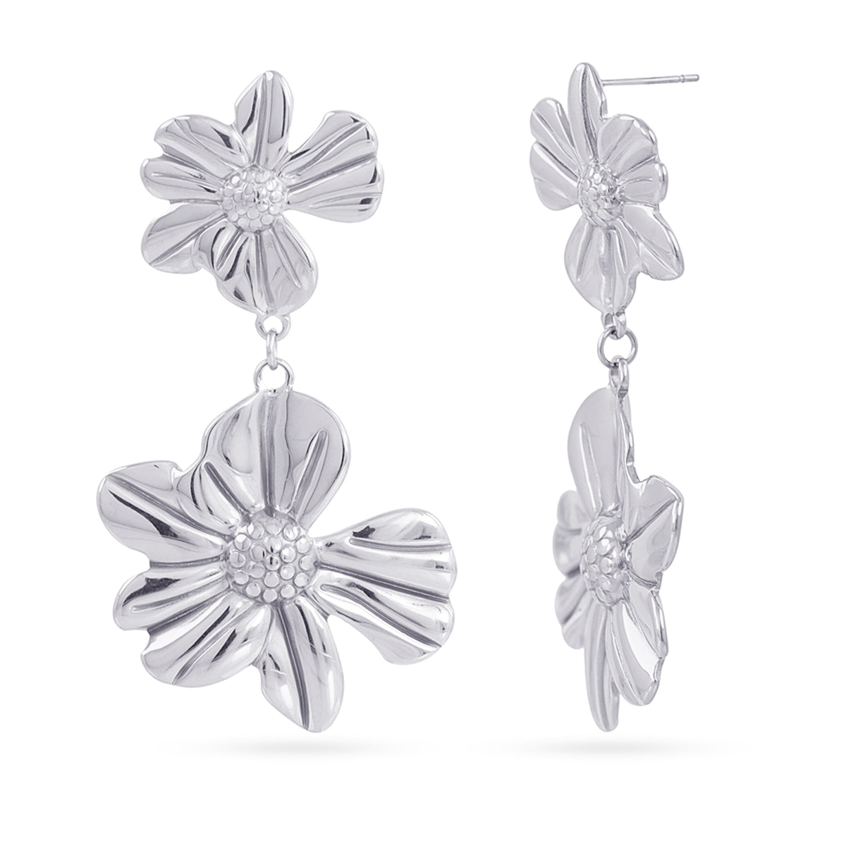 Pendientes Largos Essentials Flores en Plateado, bisutería de acero de la colección Essentials — Tiendas Via Vai Estepona
