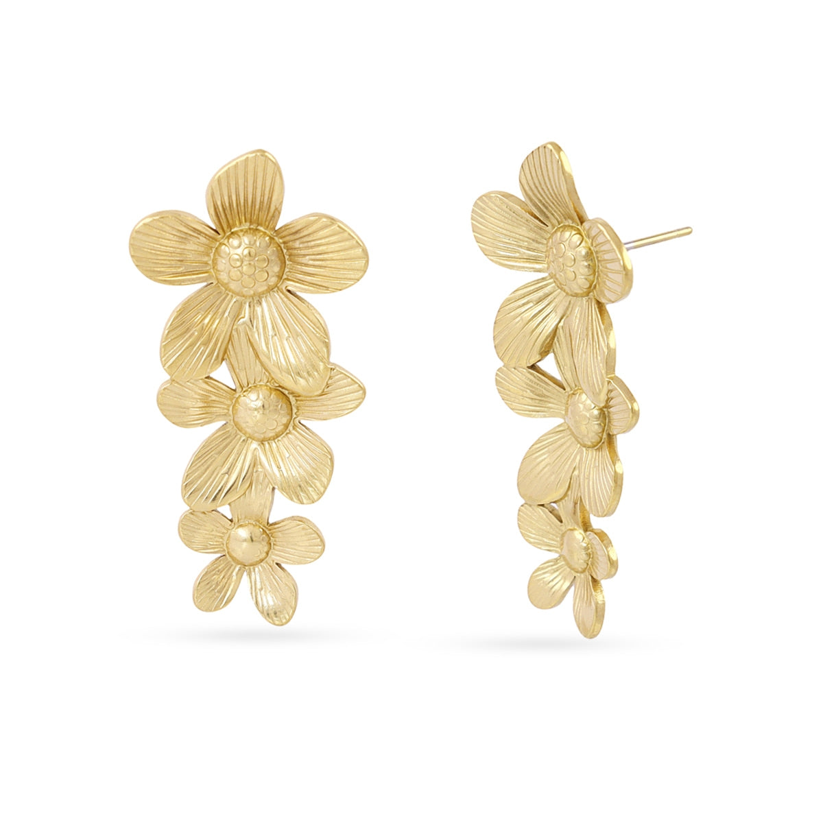 Pendientes Largos Essentials Flores Textura en Dorado, bisutería de acero de la colección Essentials — Tiendas Via Vai Estepona