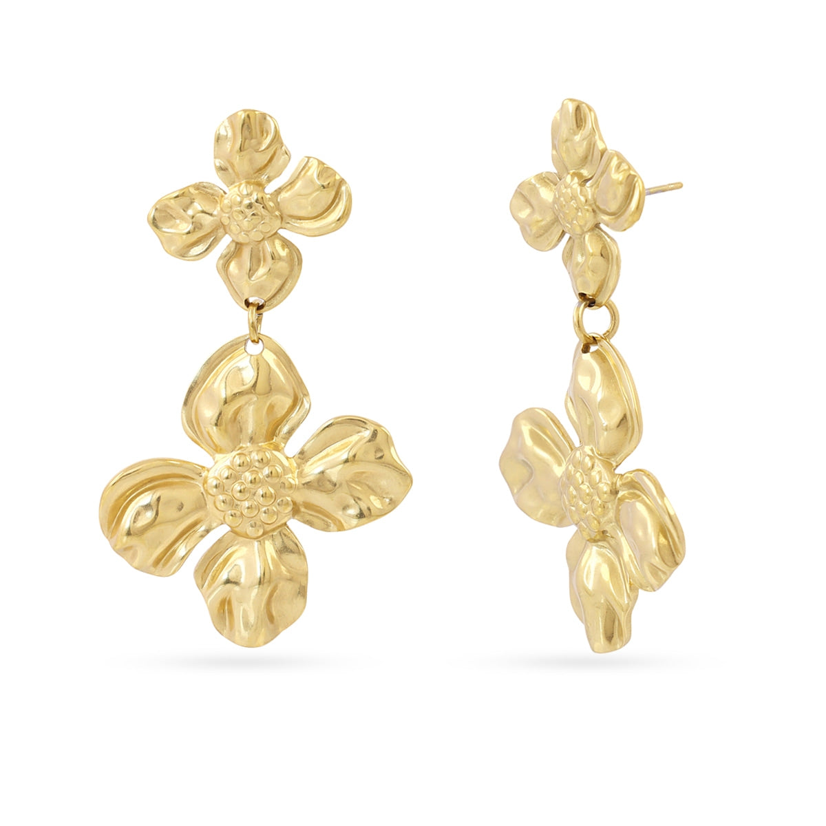 Pendientes Largos Essentials Pétalo en Dorado, bisutería de acero de la colección Essentials — Tiendas Via Vai Estepona