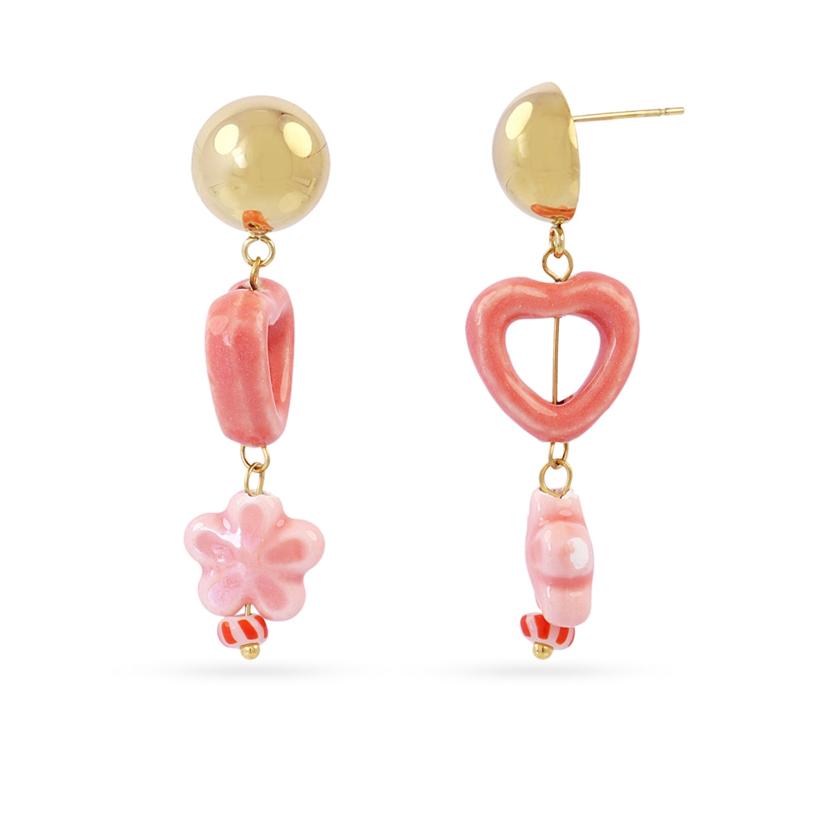 Pendientes Largos Trencadis Corazón Rosa y Flor en Dorado, bisutería de acero de la colección Tide — Tiendas Via Vai Estepona