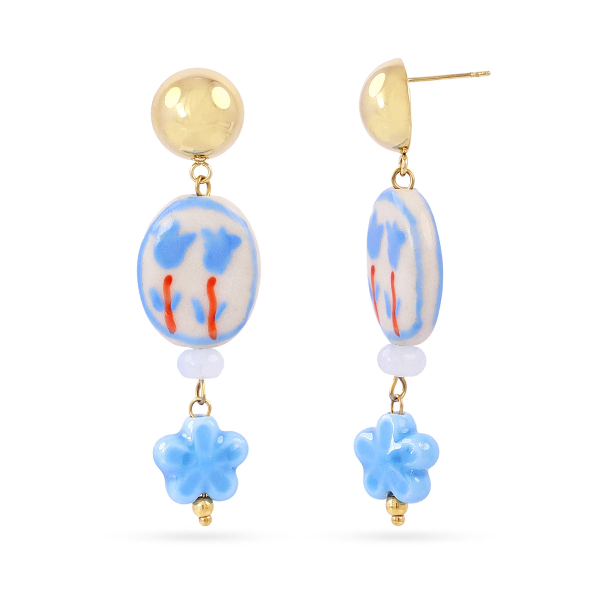 Pendientes Largos Trencadis Flor Azul en Dorado, bisutería de acero de la colección Tide — Tiendas Via Vai Estepona