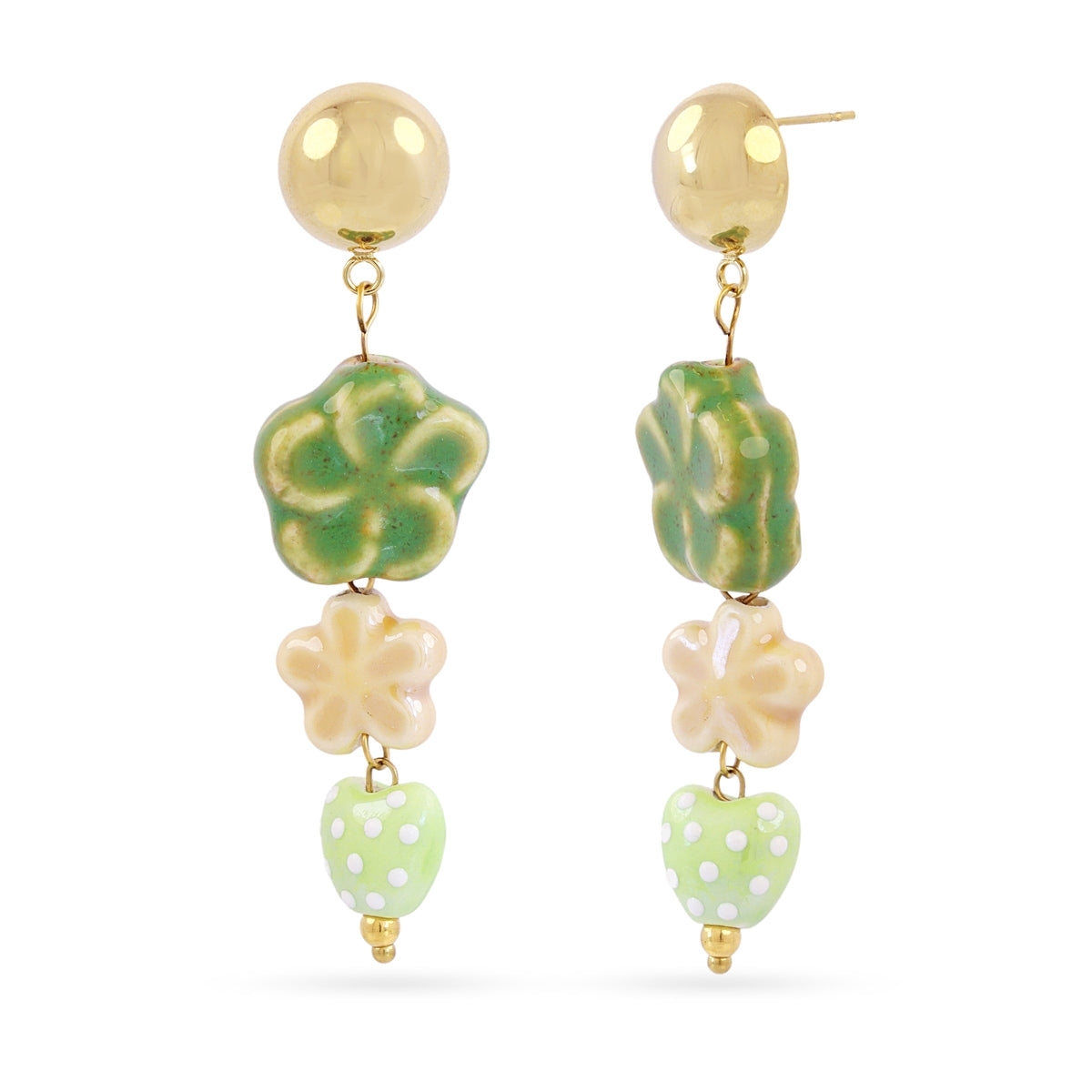Pendientes Largos Trencadis Flor Verde en Dorado, bisutería de acero de la colección Tide — Tiendas Via Vai Estepona