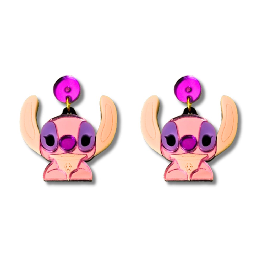 Pendientes mini deluxe de Ángel, la novia de Stitch, en metacrilato espejo rosa con orejas melocotón y nariz morada