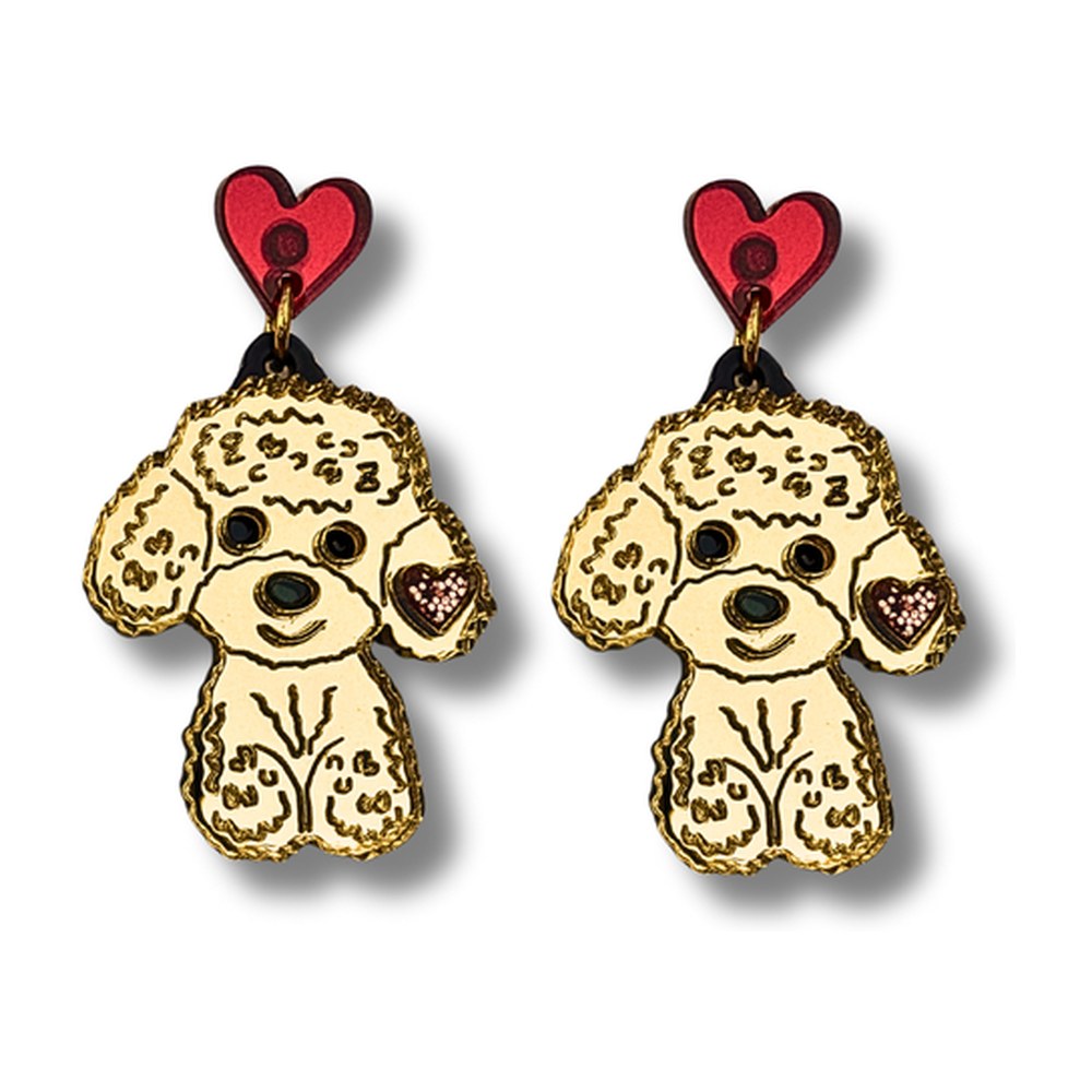 Pendientes mini deluxe de caniche toy en metacrilato espejo dorado con rizos grabados y corazón rojo en el cierre