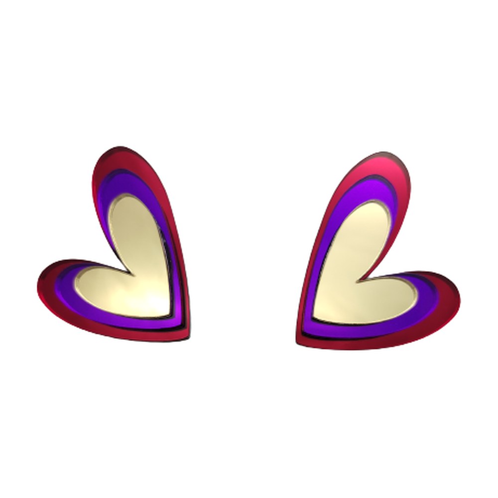 Pendientes mini deluxe con forma de corazón triple en rojo, morado y dorado espejo, pegados a la cara, en metacrilato