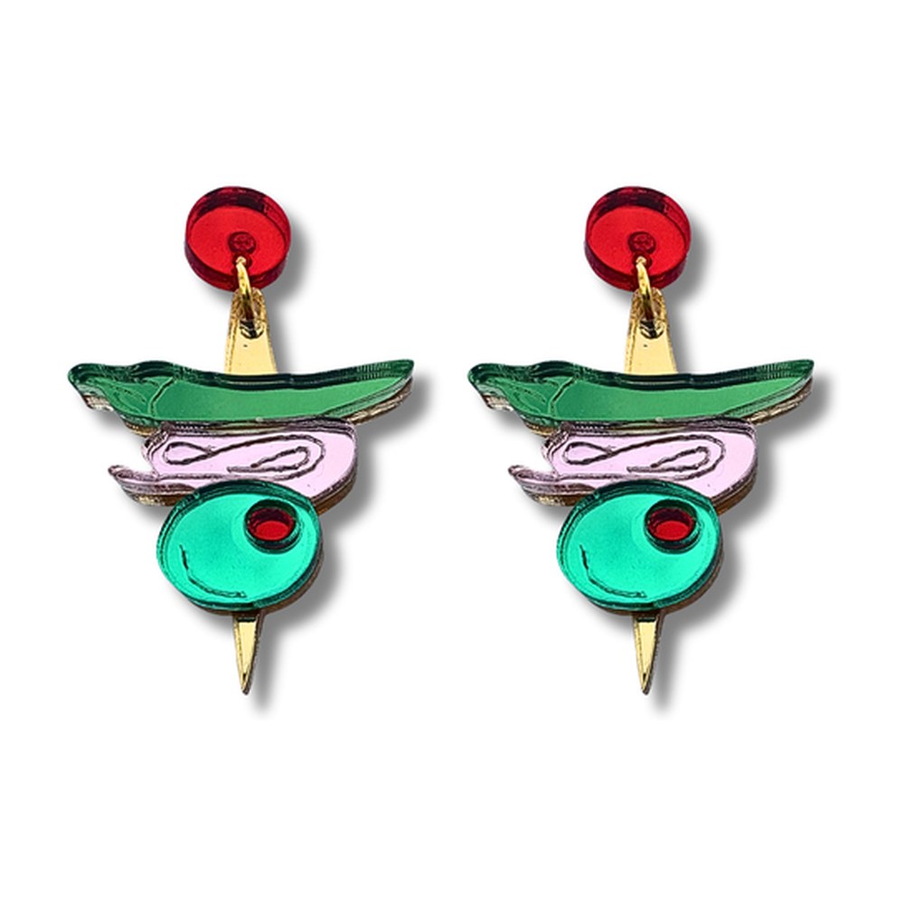 Pendientes mini deluxe de Gilda con guindilla verde, anchoa rosa, aceituna con pimiento y palillo dorado en metacrilato