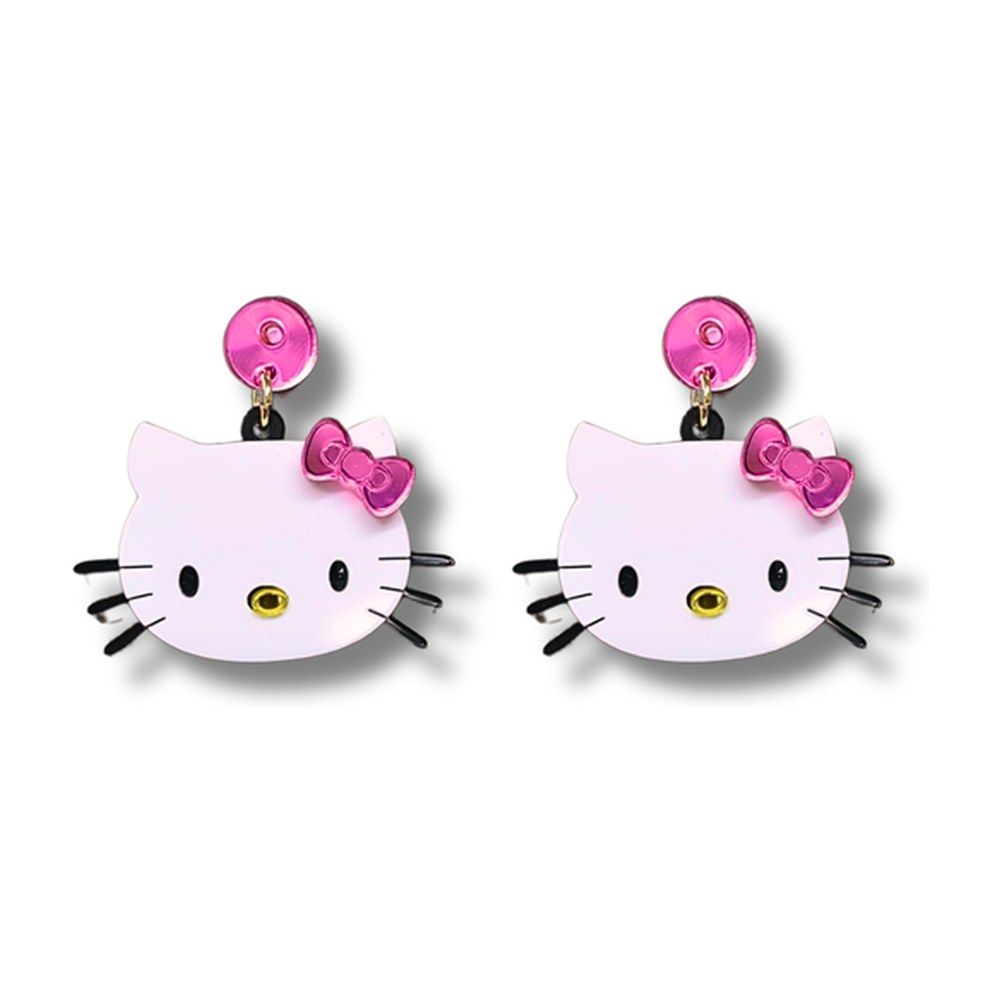 Pendientes mini deluxe de Hello Kitty con cara blanca, lazo rosa espejo y bigotes negros, con botón rosa de metacrilato