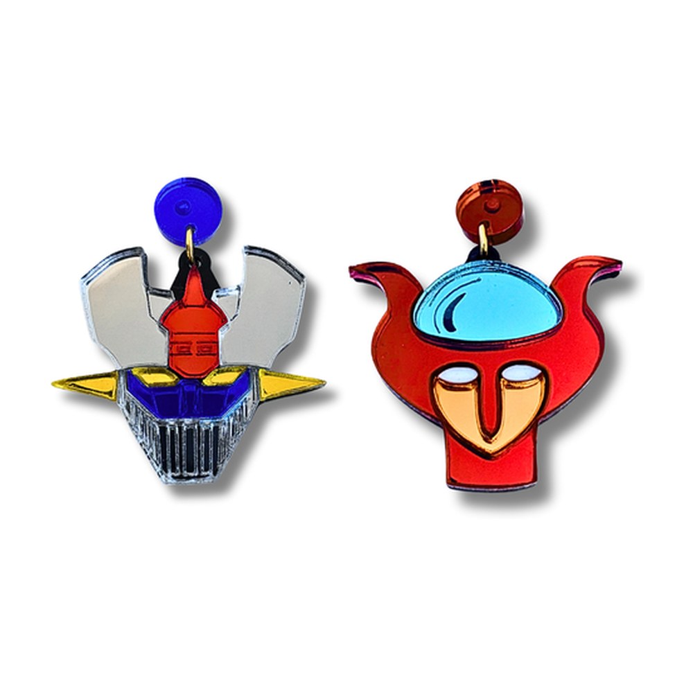 Pendientes mini deluxe con Mazinger Z plata, rojo y azul y Afrodita A roja con cúpula celeste, en metacrilato espejo