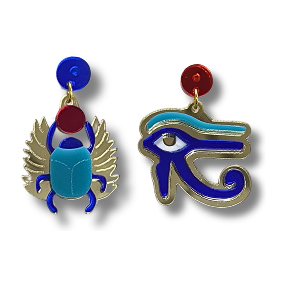Pendientes mini deluxe asimétricos con Ojo de Horus azul y dorado y escarabajo alado azul, en metacrilato espejo