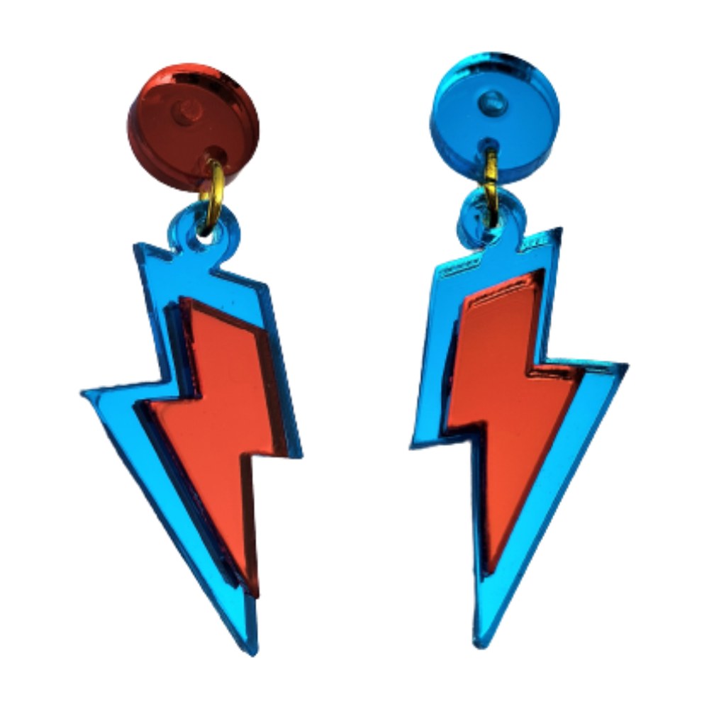 Pendientes mini deluxe con forma de rayo de David Bowie en metacrilato espejo turquesa y rojo con botones rojo y azul