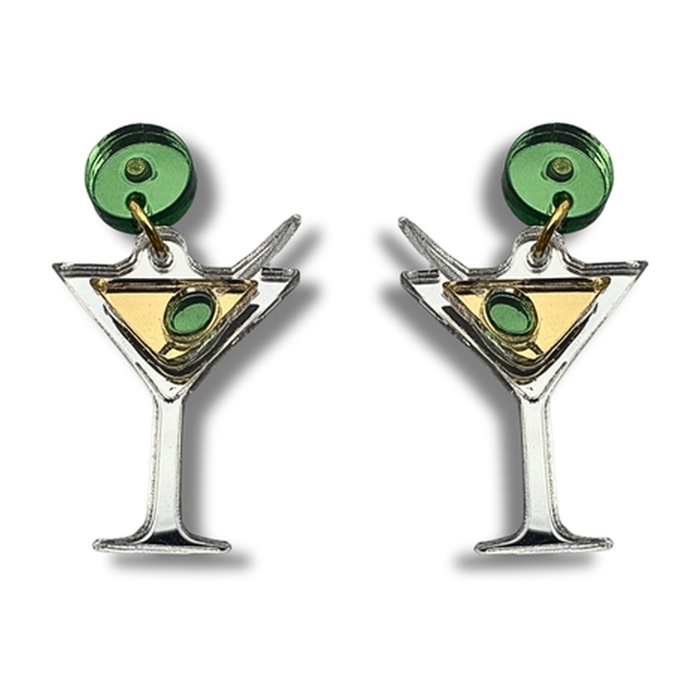 Pendientes mini deluxe Vermut con copa de cóctel transparente, líquido dorado y aceituna verde en metacrilato espejo