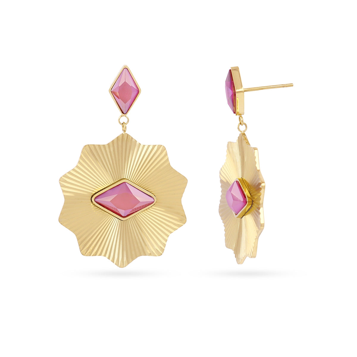Pendientes Prisma Textura Colgantes en Rosa, bisutería de acero de la colección Sunflowers — Tiendas Via Vai Estepona
