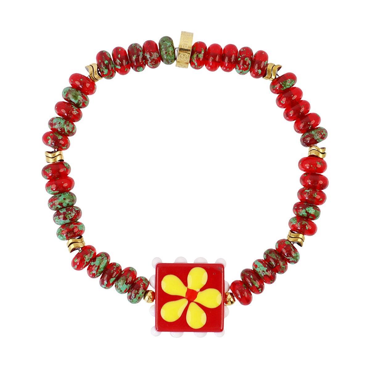 Pulsera Elástica Trencadis Roja Flor Central en Dorado, bisutería de acero de la colección Tide — Tiendas Via Vai Estepona
