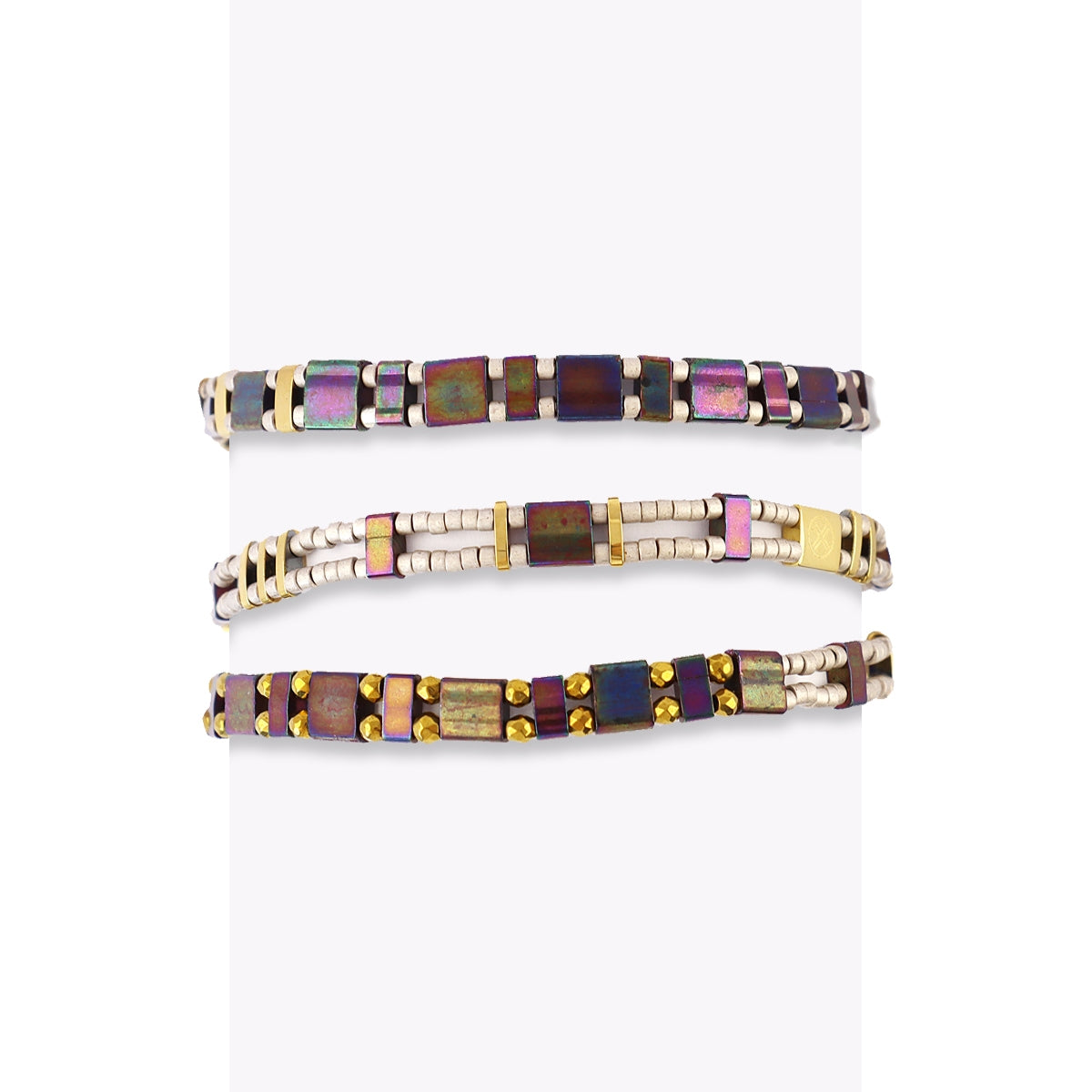 Pulsera Miyuki Triple Dorada Geométrica en Café, bisutería de acero de la colección Sand Dust — Tiendas Via Vai Estepona