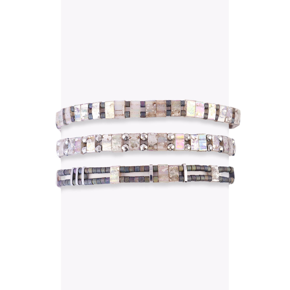 Pulsera Miyuki Triple Plateada Geométrica en Gris, bisutería de acero de la colección Sand Dust — Tiendas Via Vai Estepona