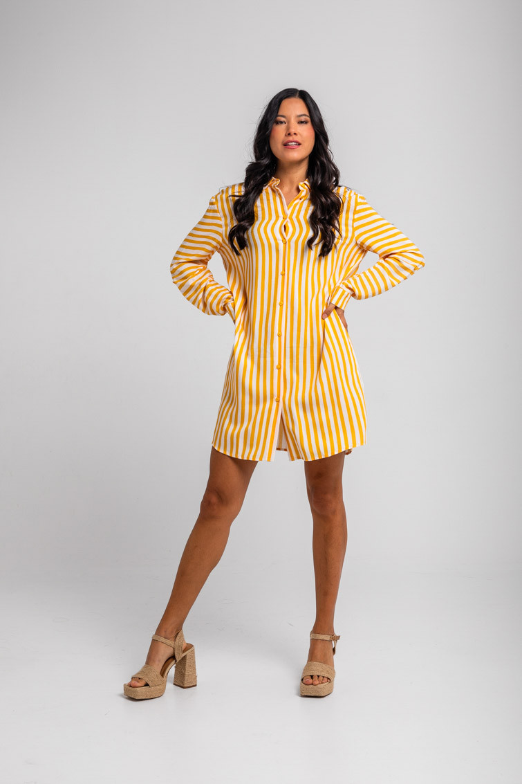 Vestido camisero mini manga recogida de rayas blancas y amarillas - Oh Sole mio Lolina