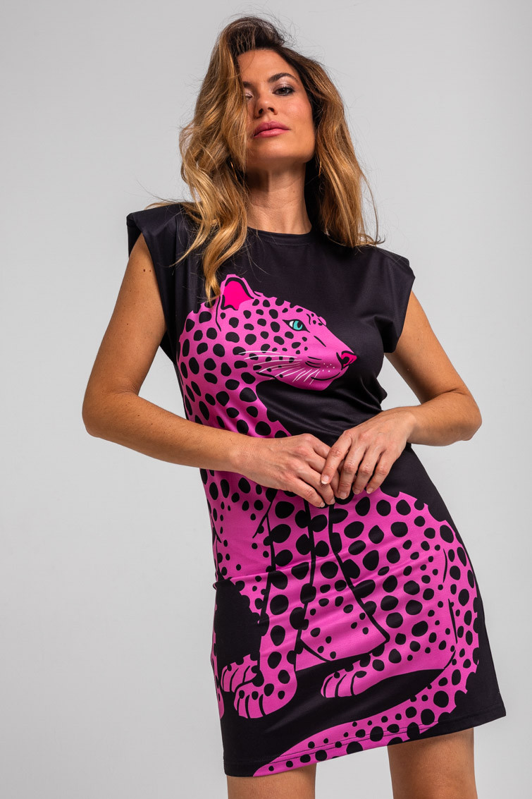 Vestido corto sin mangas elástico negro y pantera rosa - Pink Panther Lolina