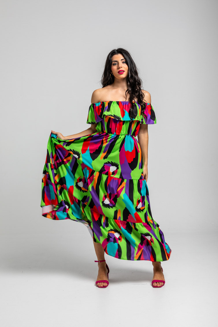 Vestido largo escote volante verde de loros - Al Loro Lolina