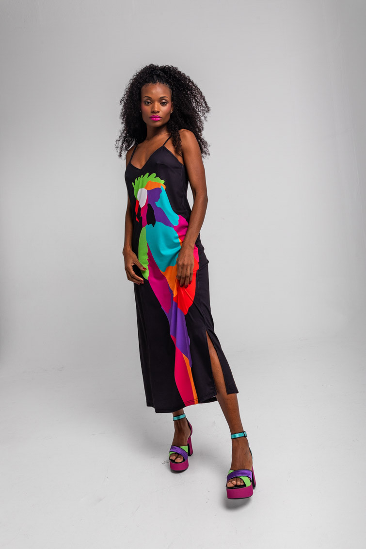 Vestido lencero negro con loro multicolor - Al Loro Lolina