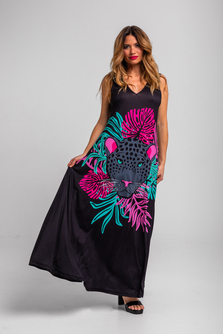 Vestido tirantes de hojas y panteras - Nocturna Lolina